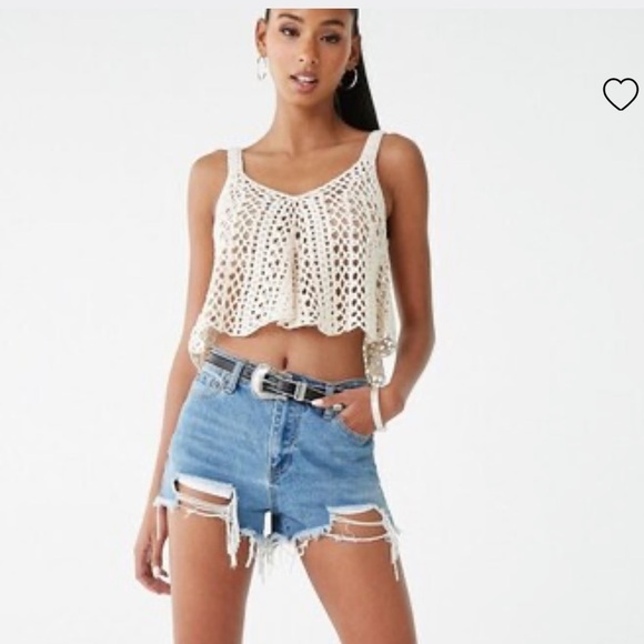 Forever 21 Sheer Crochet knit CROP top / tank scooped neck / back cream size SM - Picture 2 of 9